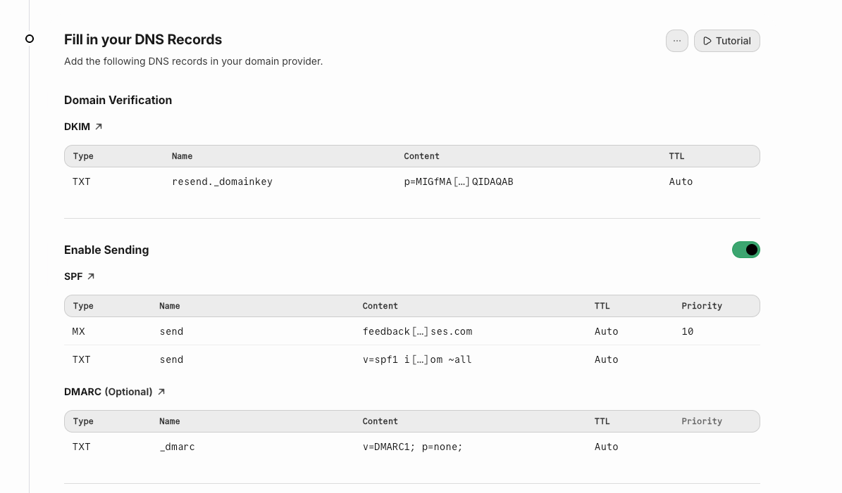 Registros DNS de Resend